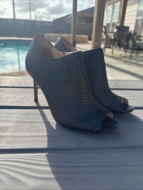Black Woven Leather Peep-Toe High Heel  | Cole Haan | size 7 1/2
